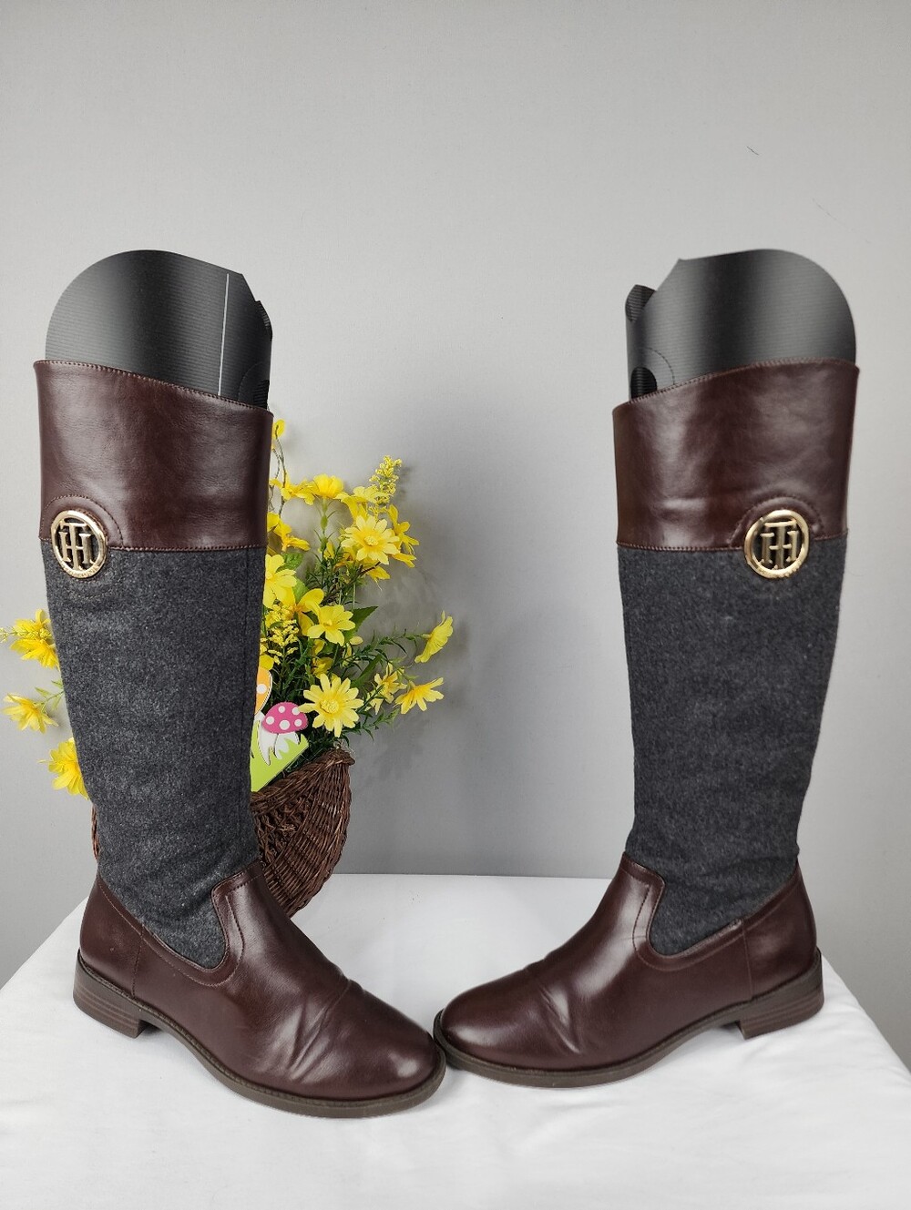 Tommy Hilfiger Madelen Tall Boots - Brown Leather & Grey Wool Sz 8 - Picture 6 of 11
